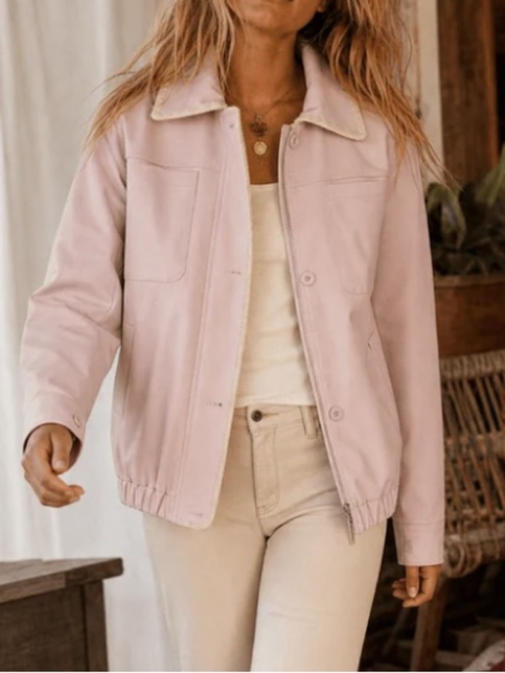 Embroidered Trim Vegan Leather Bomber Jacket in Blush - Picture 2 of 3